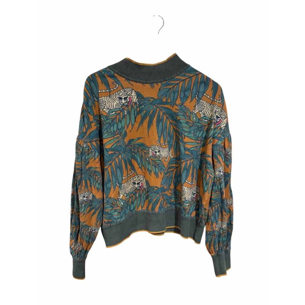Conditions Apply Tiger Jungle Print Sweater Large Green Brown Mock Neck
